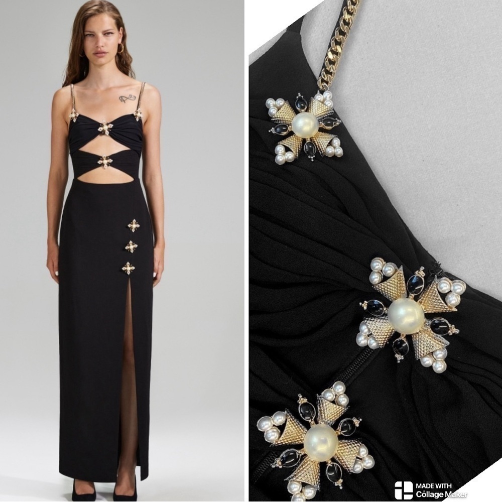 Self portrait women black crepe midi dress gown with chain straps NWT
